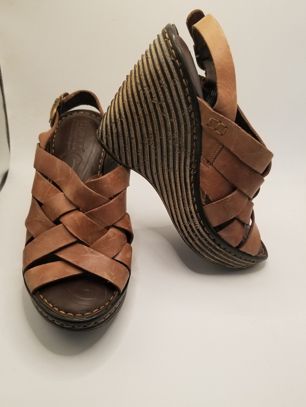Born Handcrafted Leather Wedge Sandals Brown Size 6 / EU 36.5